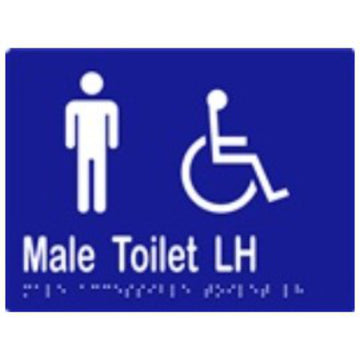 Male Accessible Toilet LH Sign with Braille, Laminated Vinyl 200x150 Blue Over White in Blue