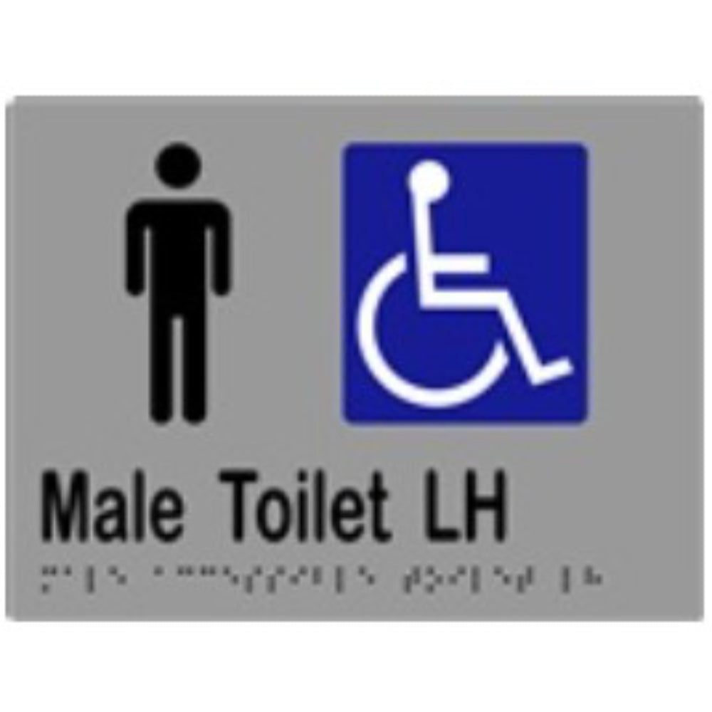 Male Accessible Toilet LH Sign with Braille, Laminated Vinyl 200x150 Silver Over Black in Silver