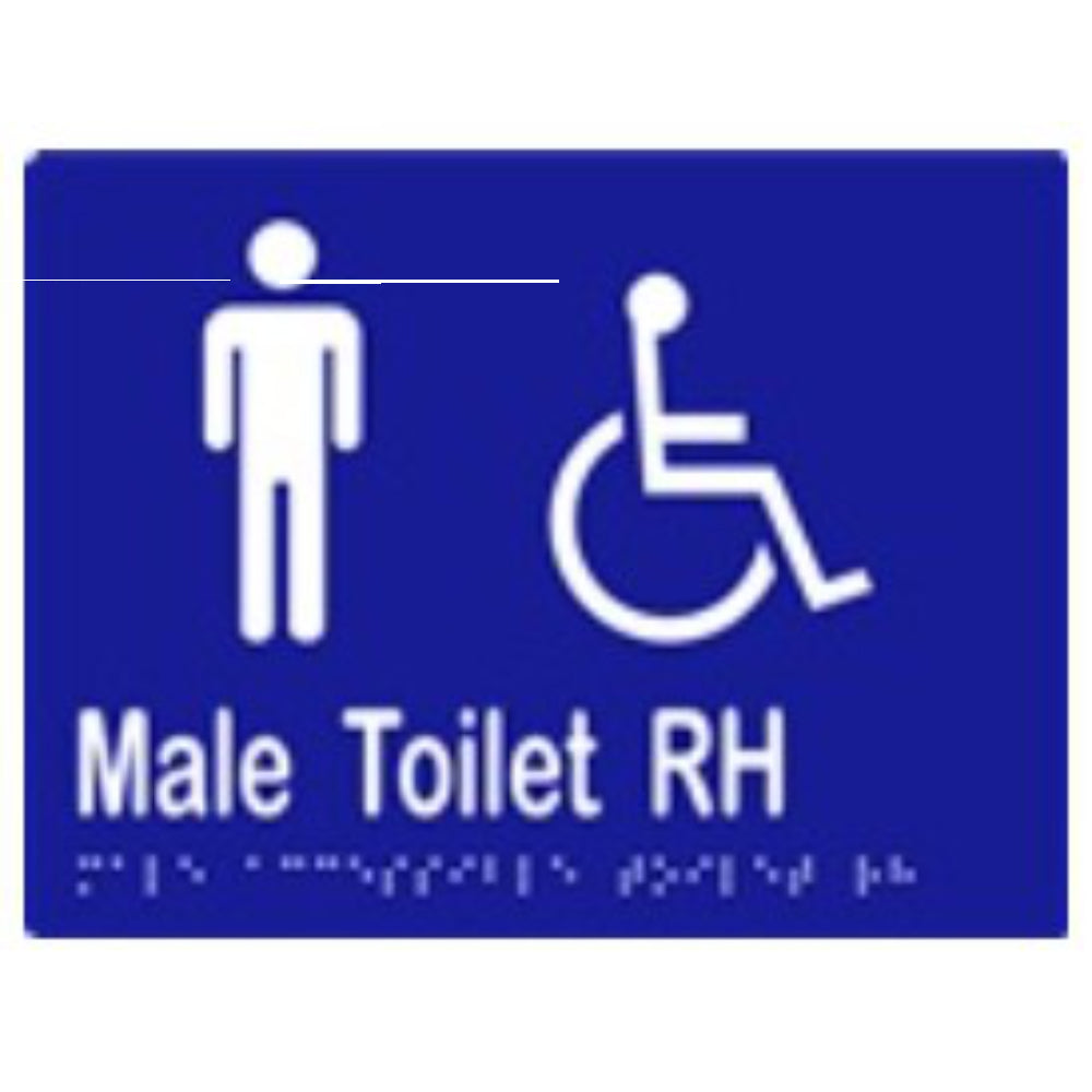 Male Accessible Toilet RH Sign with Braille, Laminated Vinyl 200x150 Blue Over White in Blue