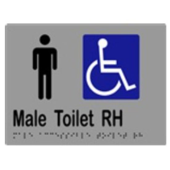 Male Accessible Toilet RH Sign with Braille, Laminated Vinyl 200x150 Silver Over Black in Silver