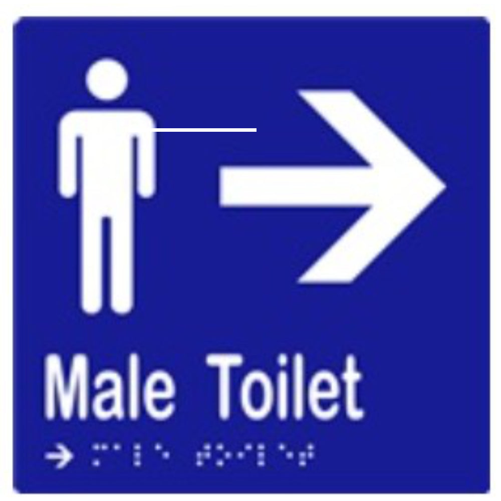 Male Toilet & Arrow Sign with Braille, Laminated Vinyl 150x150 Blue Over White in Blue