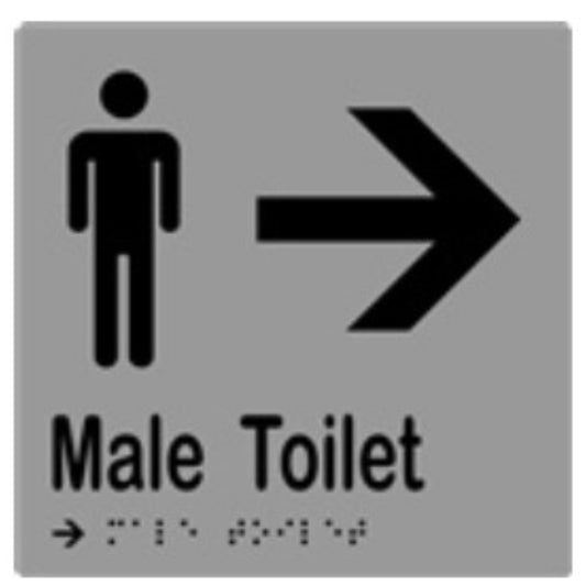 Male Toilet & Arrow Sign with Braille, Laminated Vinyl 150x150 Silver Over Black in Silver