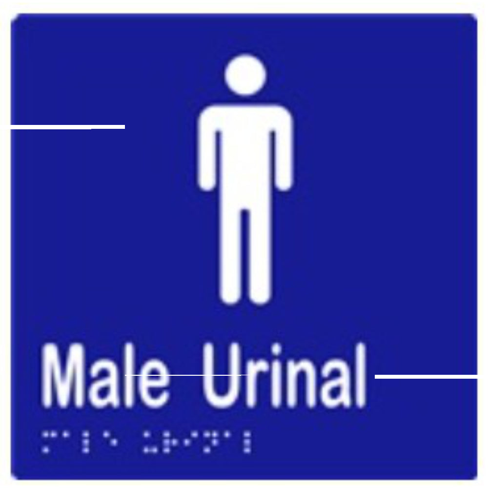 Male Urinal Sign with Braille, Laminated Vinyl 150x150 Blue Over White in Blue