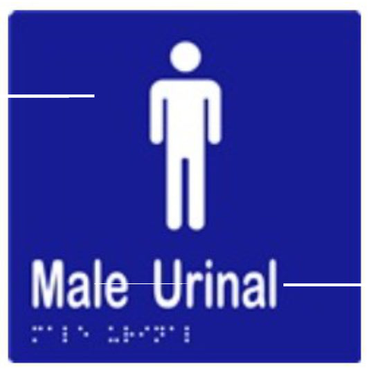 Male Urinal Sign with Braille, Laminated Vinyl 150x150 Blue Over White in Blue