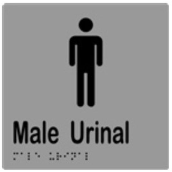 Male Urinal Sign with Braille, Laminated Vinyl 150x150 Silver Over Black in Silver