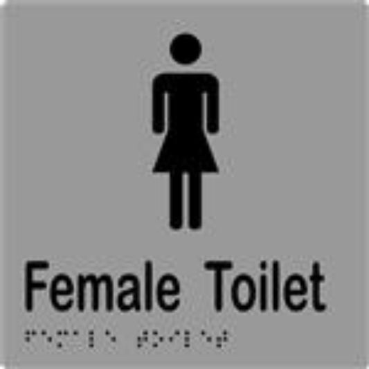 Female Toilet Sign with Braille, Laminated Vinyl 150x150 Silver Over Black in Silver