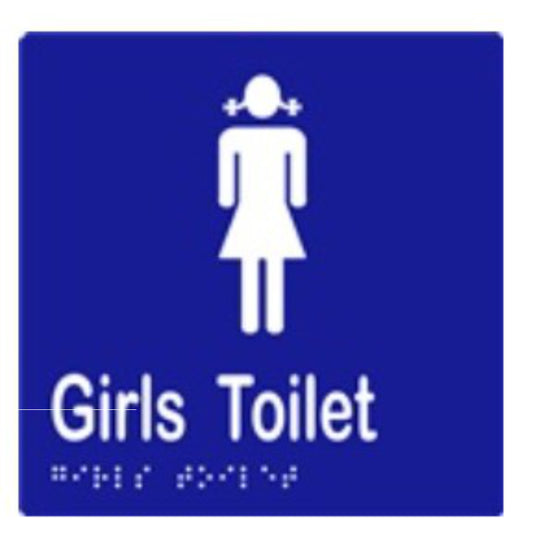 Girls Toilet Sign with Braille, Laminated Vinyl 150x150 Blue Over White in Blue