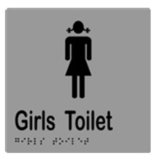 Girls Toilet Sign with Braille, Laminated Vinyl 150x150 Silver Over Black in Silver