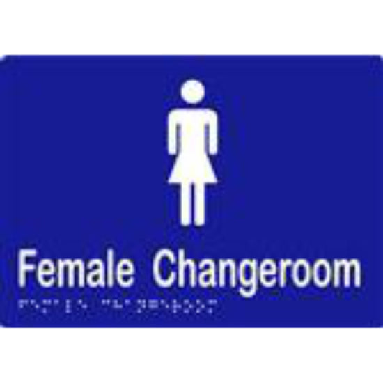 Female Changeroom RH Sign with Braille, Laminated Vinyl 210x150 Blue Over White in Blue