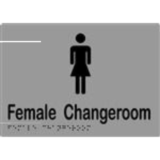 Female Changeroom RH Sign with Braille, Laminated Vinyl 210x150 Silver Over Black in Silver