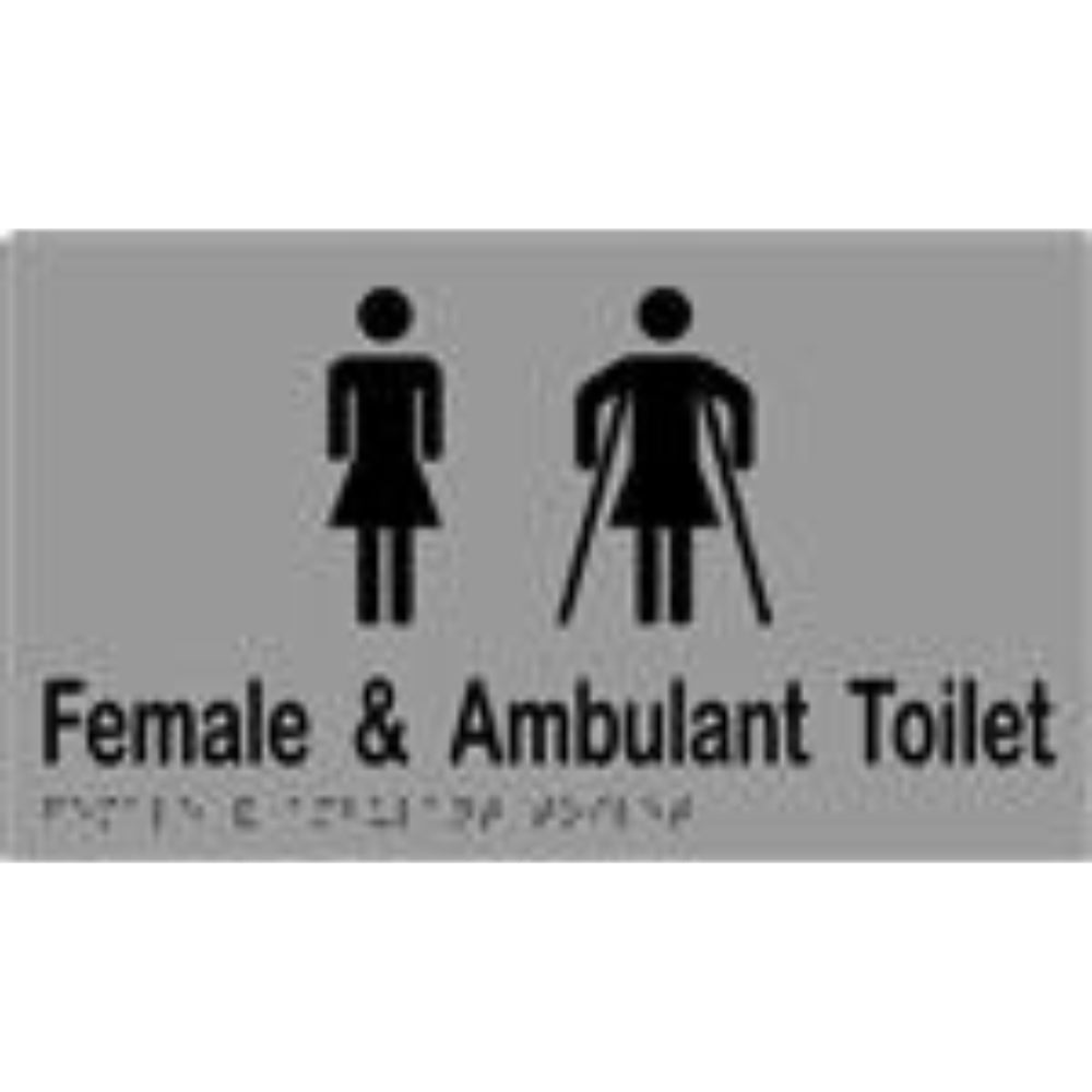 Female & Ambulant Sign with Braille, Laminated Vinyl 260x150 Silver Over Black in Silver