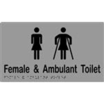 Female & Ambulant Sign with Braille, Laminated Vinyl 260x150 Silver Over Black in Silver