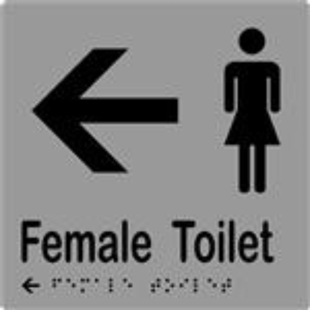 Female Toilet & Arrow Sign with Braille, Laminated Vinyl 150x150 Silver Over Black in Silver