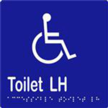 Accessible Toilet LH Sign with Braille, Laminated Vinyl 150x150 Blue Over White in Blue