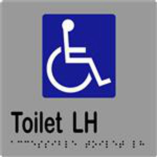 Accessible Toilet LH Sign with Braille, Laminated Vinyl 150x150 Silver Over Black in Silver