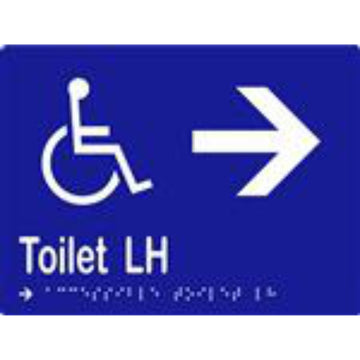 Accessible Toilet LH & Arrow Sign with Braille, Laminated Vinyl 200x150 Blue Over White in Blue