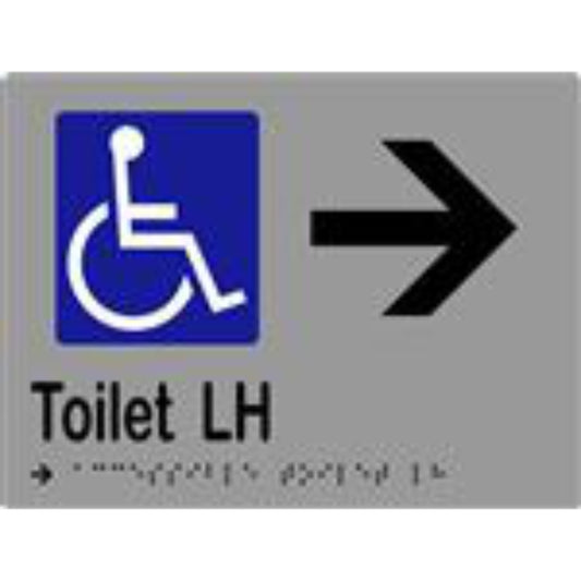 Accessible Toilet LH & Arrow Sign with Braille, Laminated Vinyl 200x150 Silver Over Black in Silver