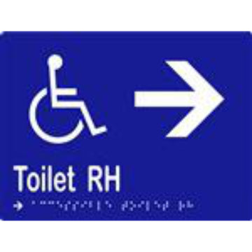 Accessible Toilet RH & Arrow Sign with Braille, Laminated Vinyl 200x150 Blue Over White in Blue