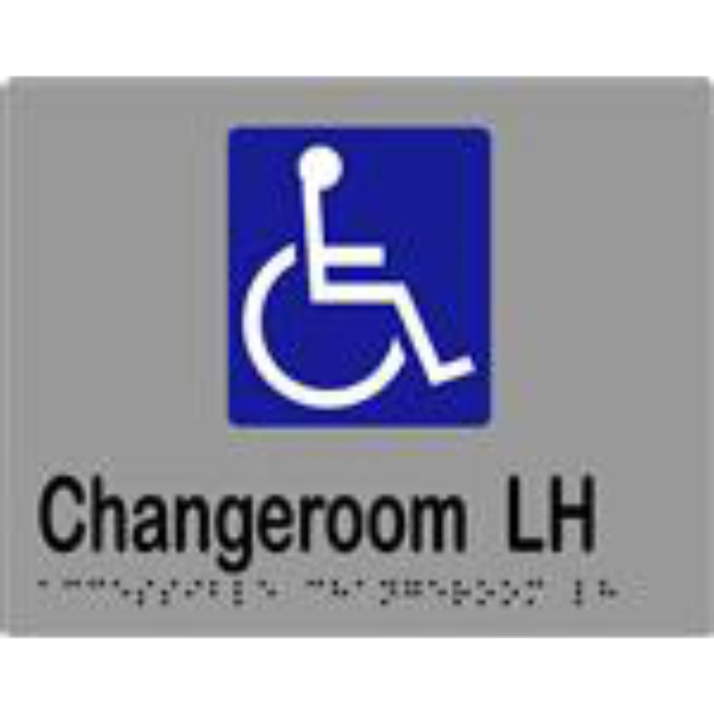 Accessible Changeroom LH Sign with Braille, Laminated Vinyl 200x150 Silver Over Black in Silver