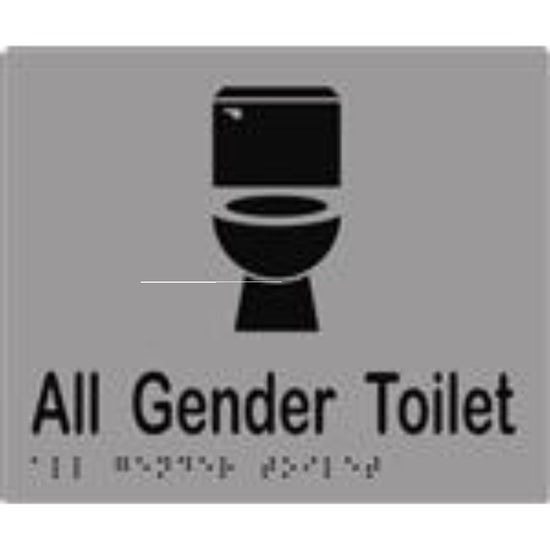 All Gender Toilet Sign with Braille, Laminated Vinyl 200x150 Silver Over Black in Silver