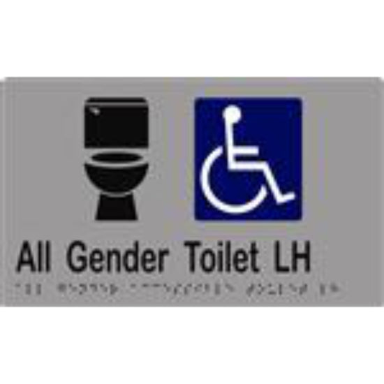 All Gender Accessible Toilet LH Sign with Braille, Laminated Vinyl 250x150 Silver Over Black in Silver