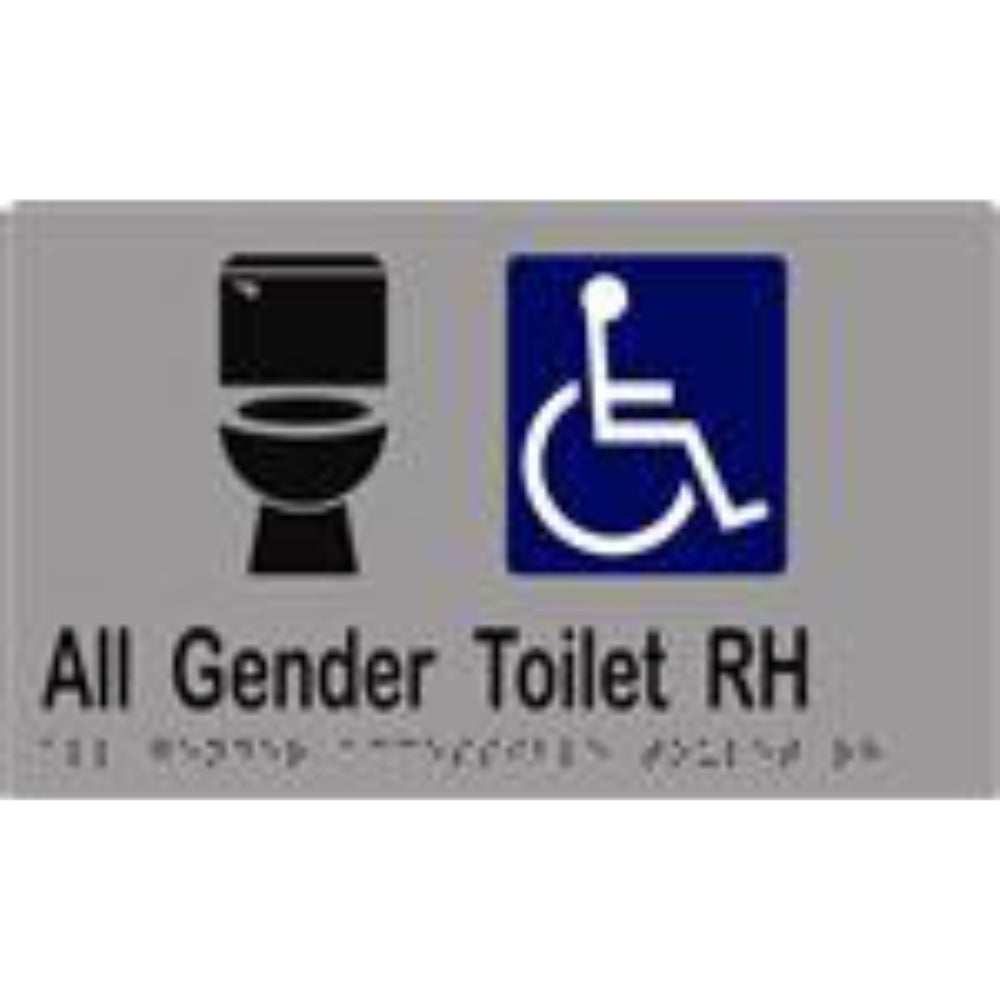 All Gender Accessible Toilet RH Sign with Braille, Laminated Vinyl 250x150 Silver Over Black in Silver