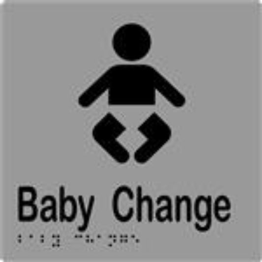 Baby Change Sign with Braille, Laminated Vinyl 150x150 Silver Over Black in Silver