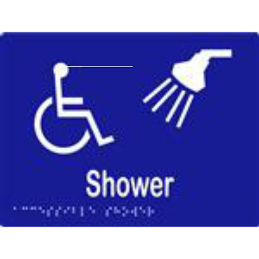 Accessible Shower Sign with Braille, Laminated Vinyl 200x150 Blue Over White in Blue