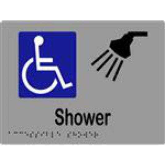 Accessible Shower Sign with Braille, Laminated Vinyl 200x150 Silver Over Black in Silver