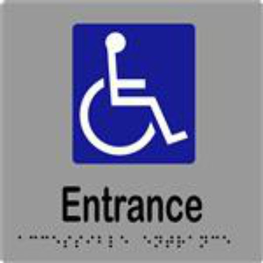 Accessible Entrance Sign with Braille, Laminated Vinyl 150x150 Silver Over Black in Silver