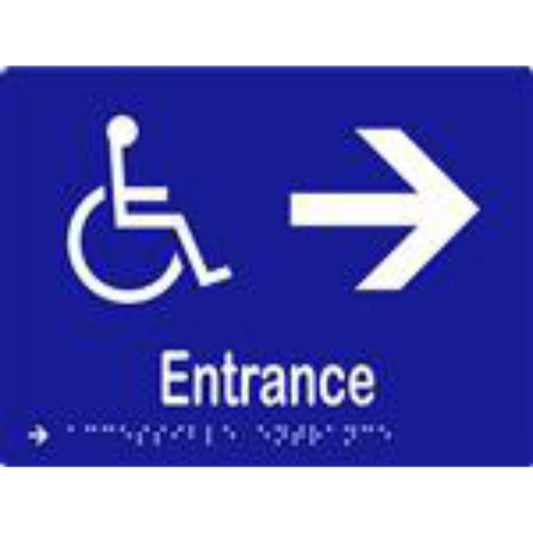 Accessible Entrance & Arrow Sign with Braille, Laminated Vinyl 200x150 Blue Over White in Blue