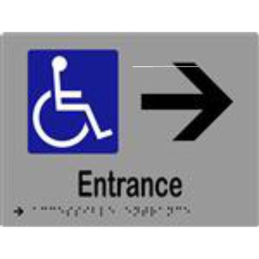 Accessible Entrance & Arrow Sign with Braille, Laminated Vinyl 200x150 Silver Over Black in Silver