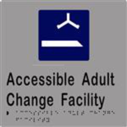 Accessible Adult Change Facility Sign with Braille, Laminated Vinyl 200x200 Silver Over Black in Silver