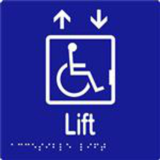 Accessible Lift Sign with Braille, Laminated Vinyl 150x150 Blue Over White in Blue