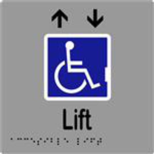 Accessible Lift Sign with Braille, Laminated Vinyl 150x150 Silver Over Black in Silver