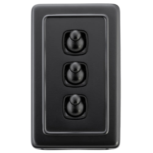 Switch Flat Plate Toggle 3 Gang Matt Black H115xW72mm in Matt Black