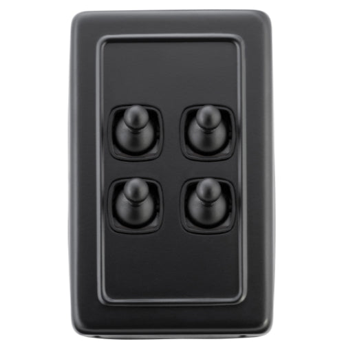 Switch Flat Plate Toggle 4 Gang Matt Black H115xW72mm in Matt Black