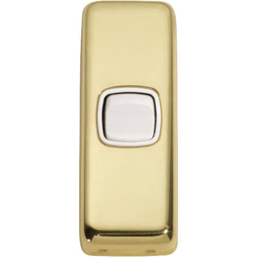 Switch Flat Plate Rocker 1 Gang White Polished Brass H82xW30mm in White / Polished Brass