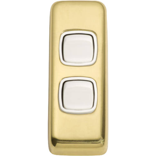 Switch Flat Plate Rocker 2 Gang White Polished Brass H82xW30mm in White / Polished Brass