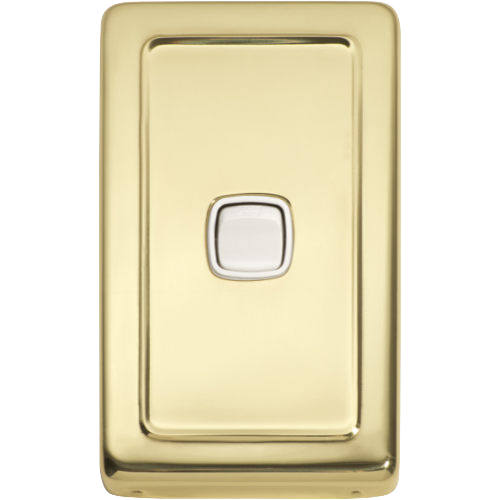 Switch Flat Plate Rocker 1 Gang White Polished Brass H115xW72mm in White / Polished Brass