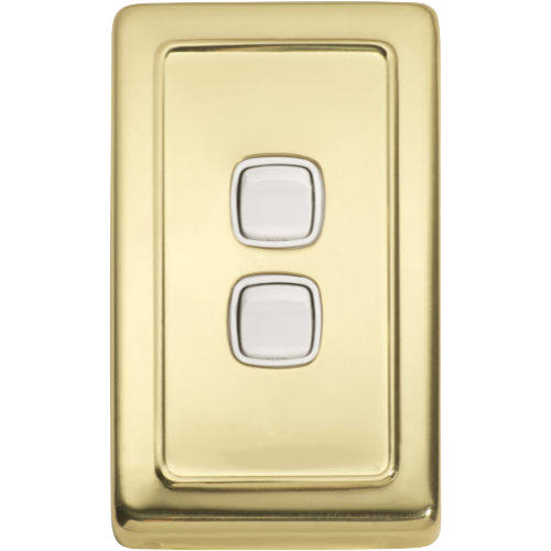 Switch Flat Plate Rocker 2 Gang White Polished Brass H115xW72mm in White / Polished Brass