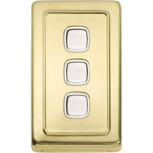 Switch Flat Plate Rocker 3 Gang White Polished Brass H115xW72mm in White / Polished Brass