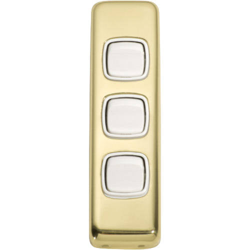 Switch Flat Plate Rocker 3 Gang White Polished Brass H108xW30mm in White / Polished Brass