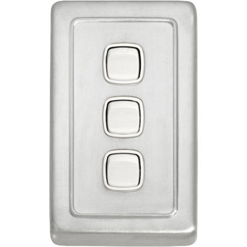 Switch Flat Plate Rocker 3 Gang White Satin Chrome H115xW72mm in Satin Chrome