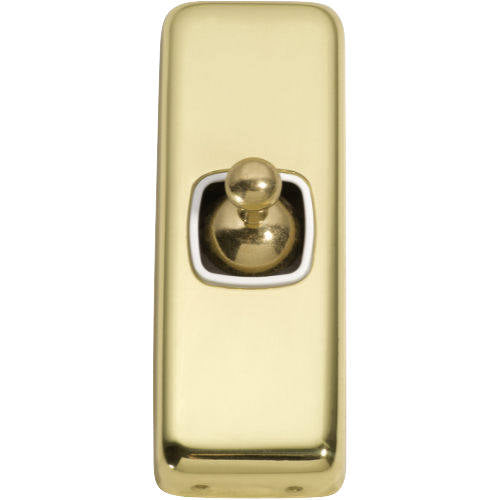 Switch Flat Plate Toggle 1 Gang White Polished Brass H82xW30mm in White / Polished Brass