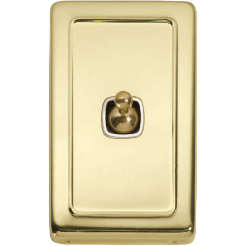 Switch Flat Plate Toggle 1 Gang White Polished Brass H115xW72mm in White / Polished Brass