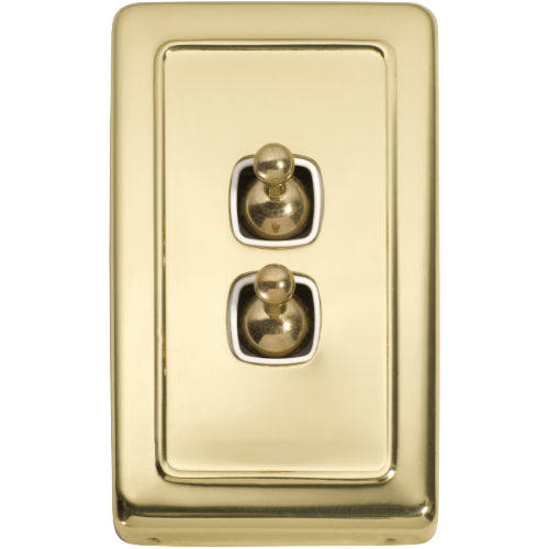 Switch Flat Plate Toggle 2 Gang White Polished Brass H115xW72mm in White / Polished Brass