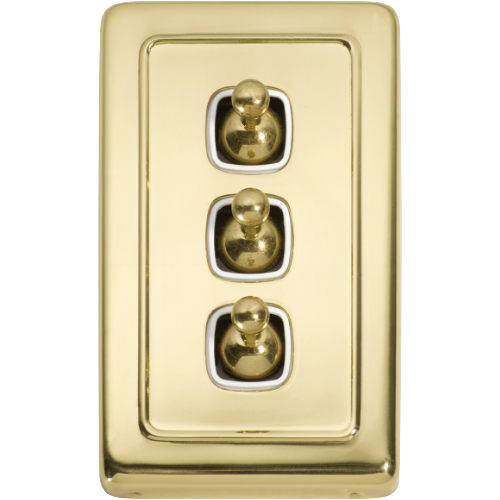 Switch Flat Plate Toggle 3 Gang White Polished Brass H115xW72mm in White / Polished Brass