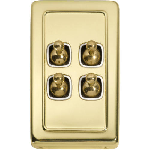 Switch Flat Plate Toggle 4 Gang White Polished Brass H115xW72mm in White / Polished Brass