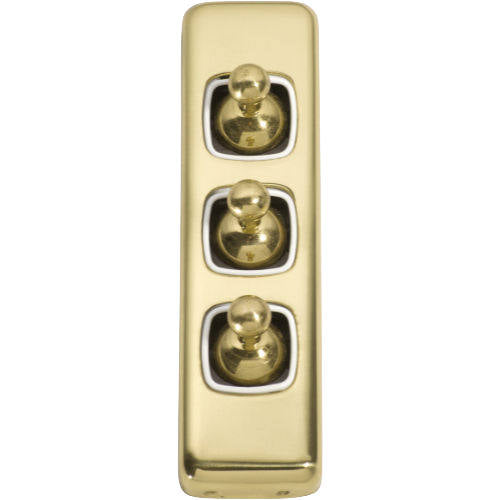 Switch Flat Plate Toggle 3 Gang White Polished Brass H108xW30mm in White / Polished Brass